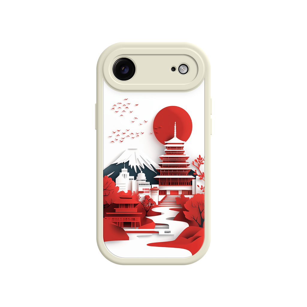 Japanese Pagoda & Mount Fuji Phone Case – Minimalist Red Sun Design for iPhone & Android