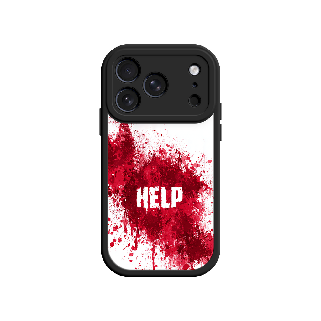 Horror-themed phone case with red blood splatter and “HELP” text