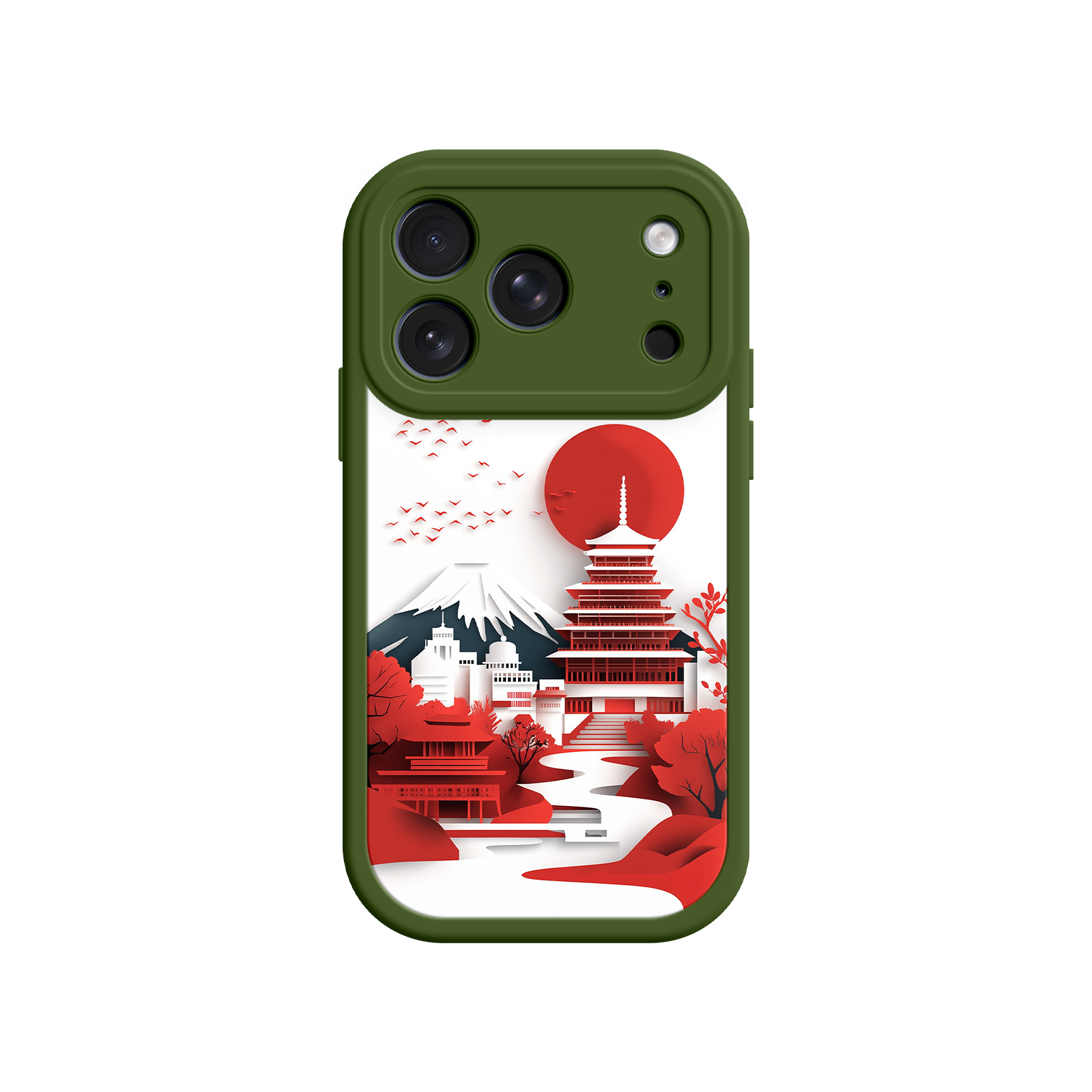 Japanese Pagoda & Mount Fuji Phone Case – Minimalist Red Sun Design for iPhone & Android