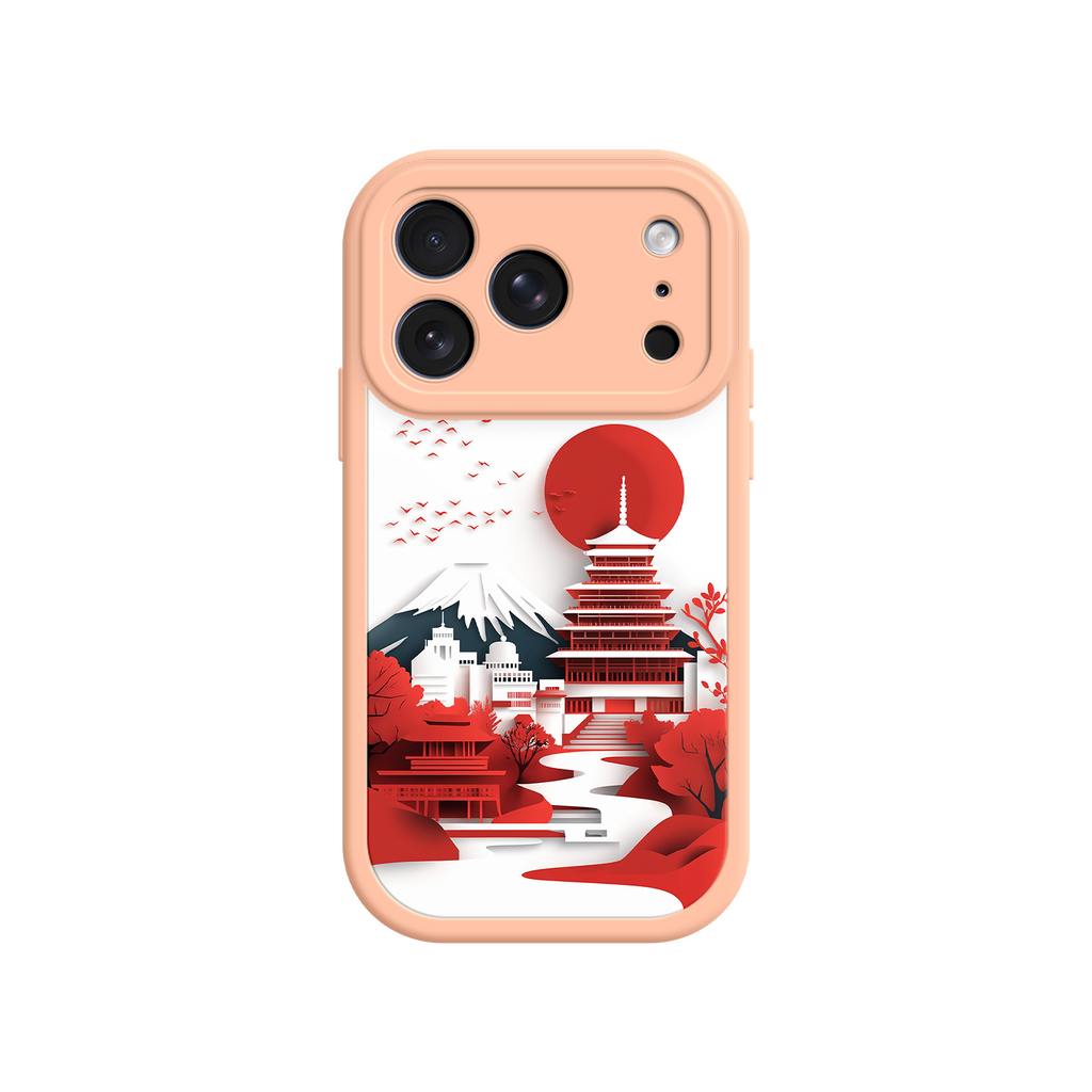 Japanese Pagoda & Mount Fuji Phone Case – Minimalist Red Sun Design for iPhone & Android