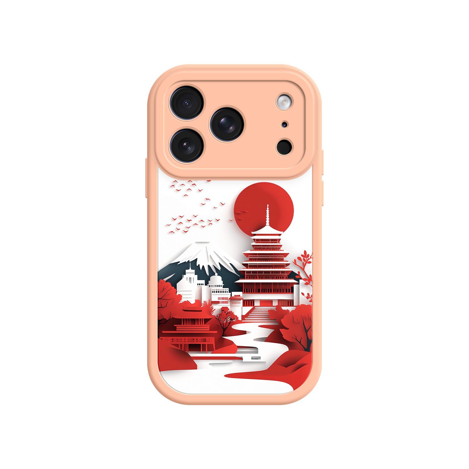 Japanese Pagoda & Mount Fuji Phone Case – Minimalist Red Sun Design for iPhone & Android