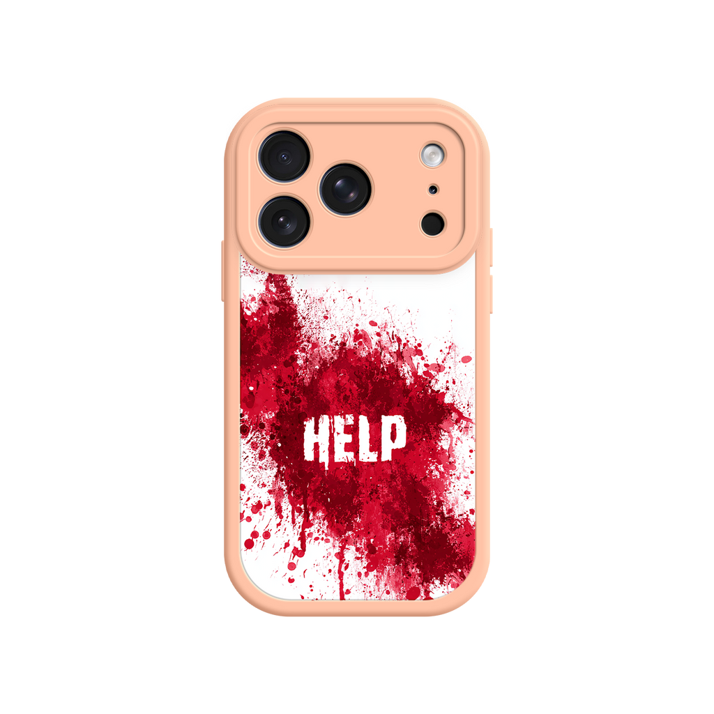 Distressed phone case with dramatic “HELP” lettering