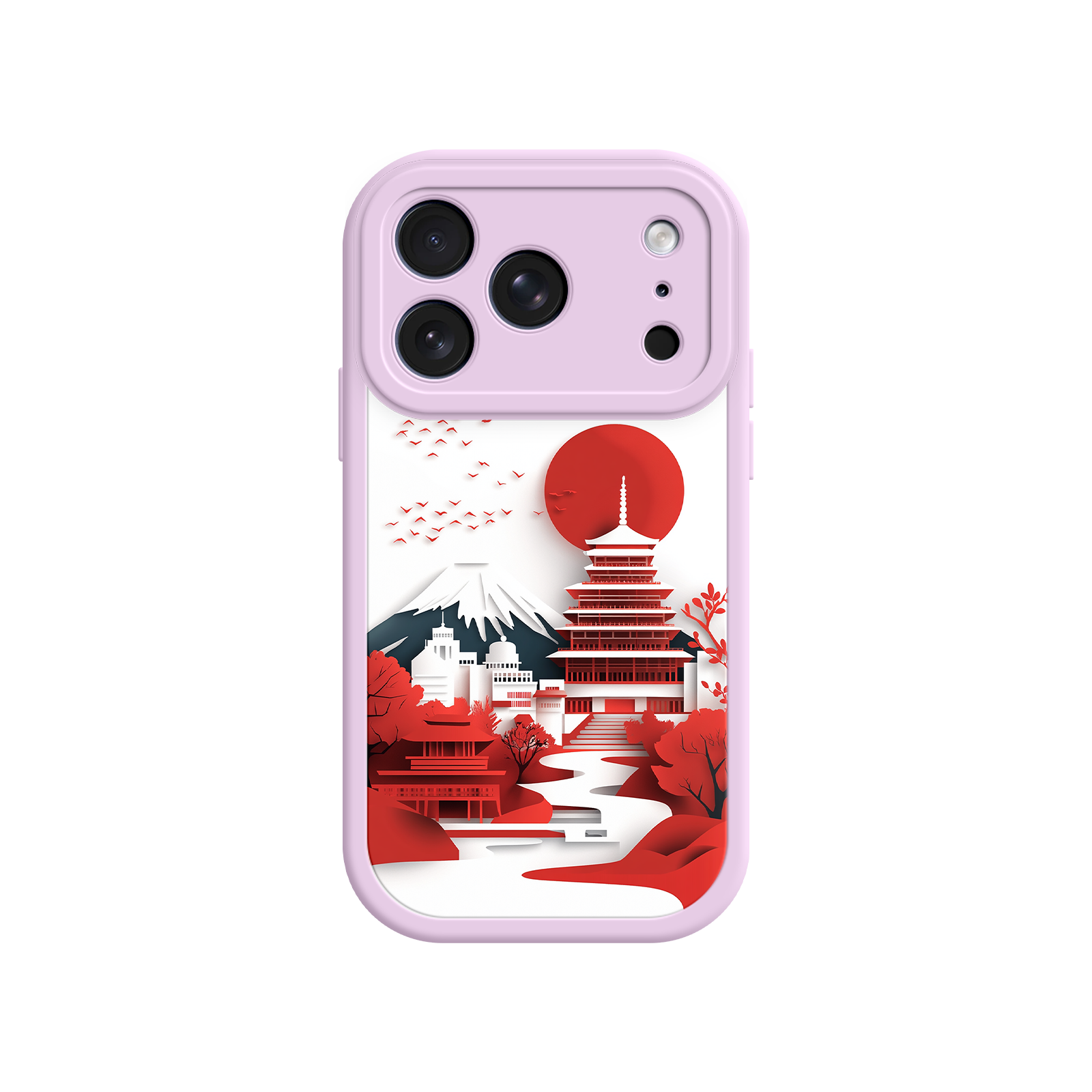 Japanese Pagoda & Mount Fuji Phone Case – Minimalist Red Sun Design for iPhone & Android
