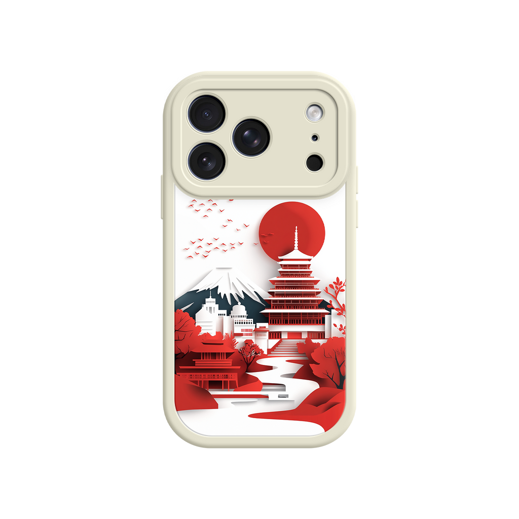 Japanese Pagoda & Mount Fuji Phone Case – Minimalist Red Sun Design for iPhone & Android