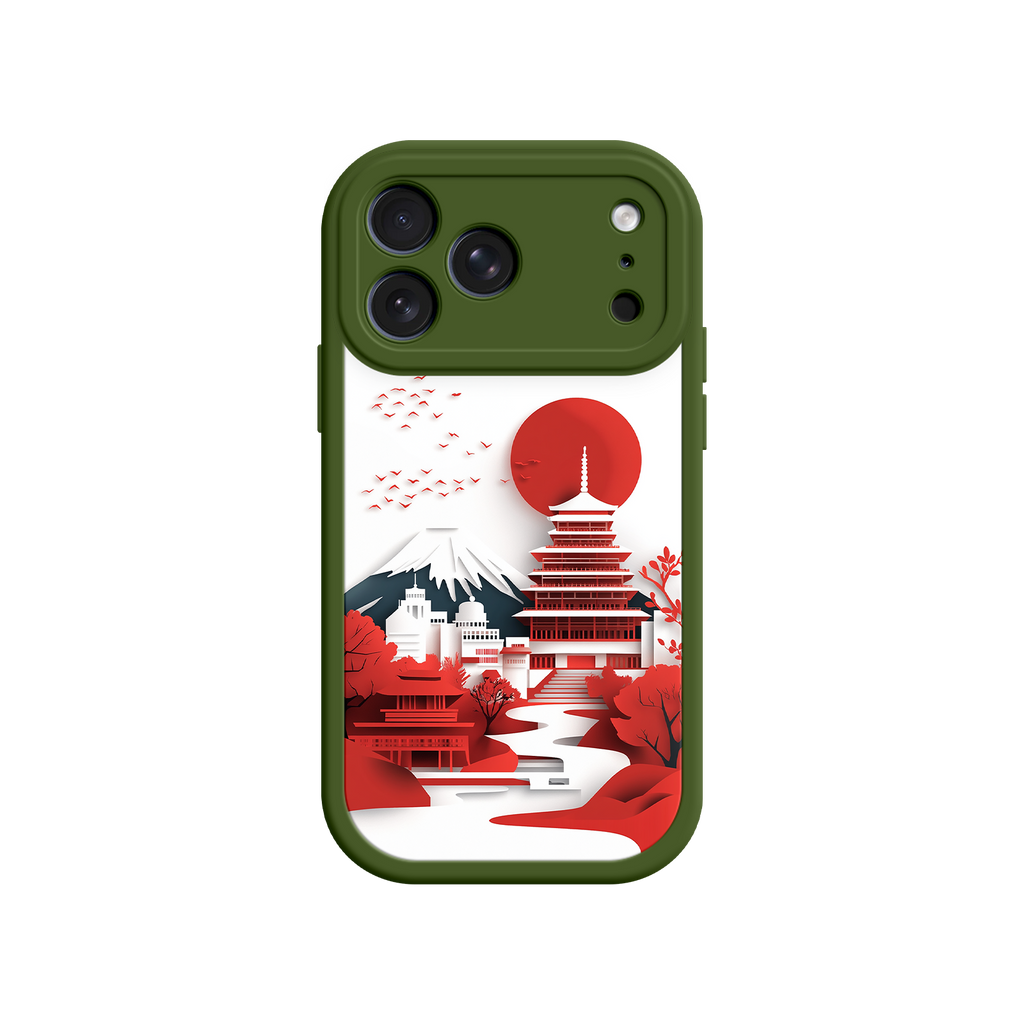Japanese Pagoda & Mount Fuji Phone Case – Minimalist Red Sun Design for iPhone & Android