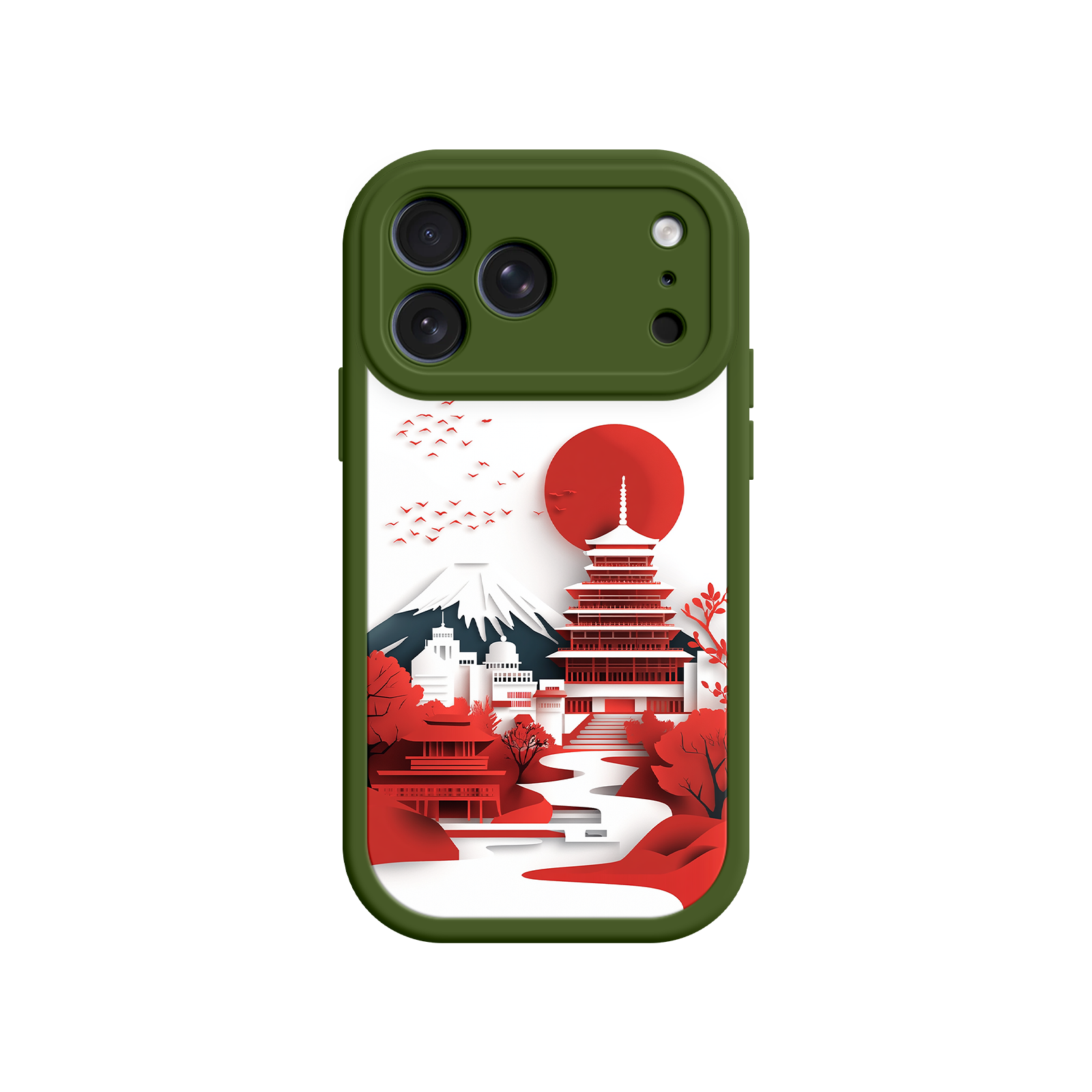 Japanese Pagoda & Mount Fuji Phone Case – Minimalist Red Sun Design for iPhone & Android