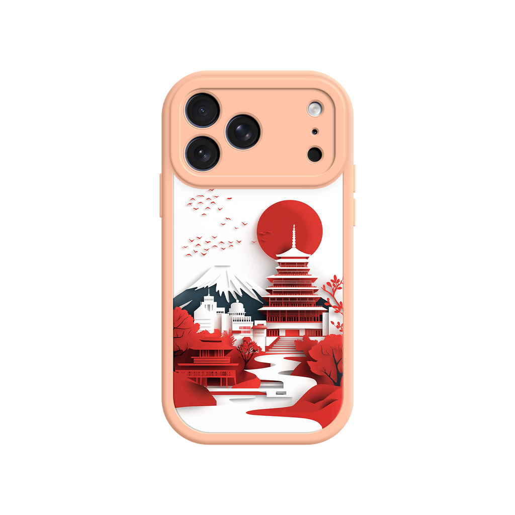 Japanese Pagoda & Mount Fuji Phone Case – Minimalist Red Sun Design for iPhone & Android