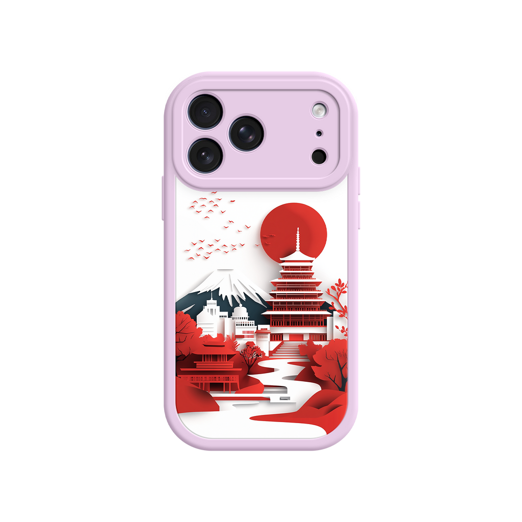 Japanese Pagoda & Mount Fuji Phone Case – Minimalist Red Sun Design for iPhone & Android