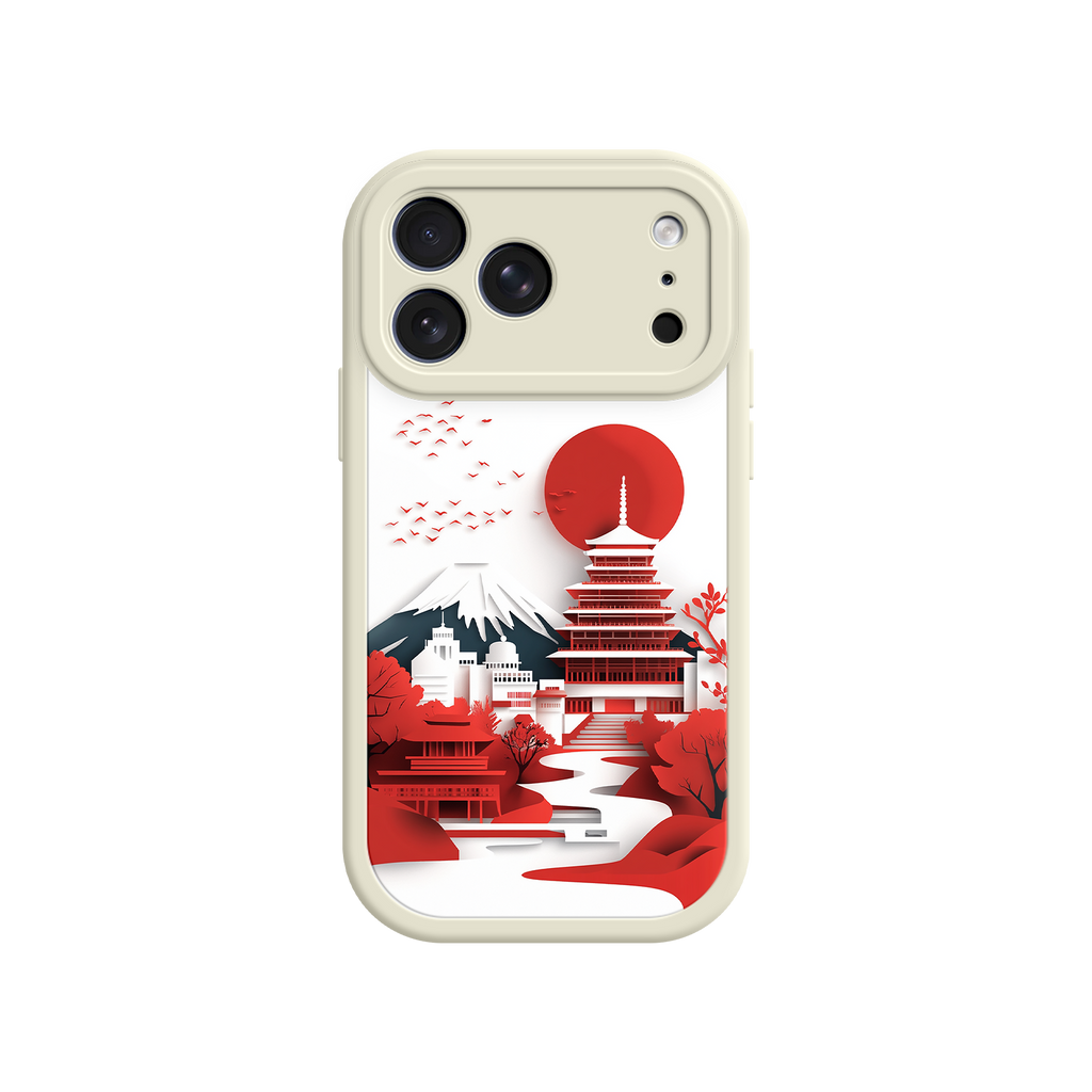 Japanese Pagoda & Mount Fuji Phone Case – Minimalist Red Sun Design for iPhone & Android