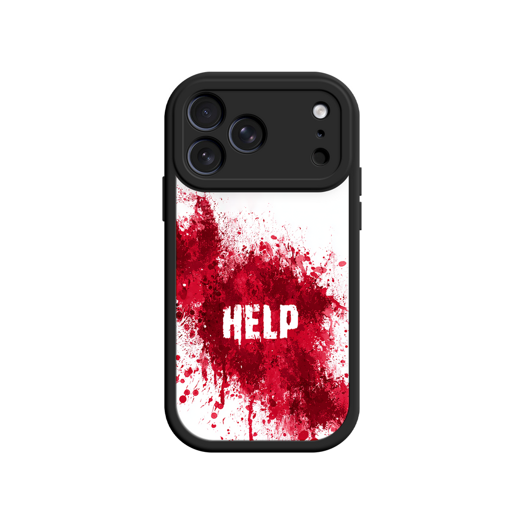 iPhone case with blood splatter and white “HELP” text