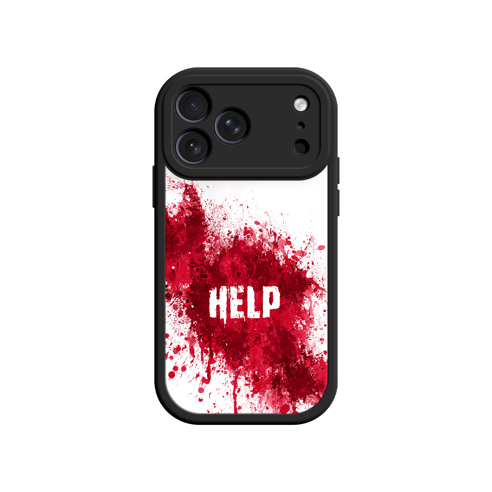 iPhone case with blood splatter and white “HELP” text