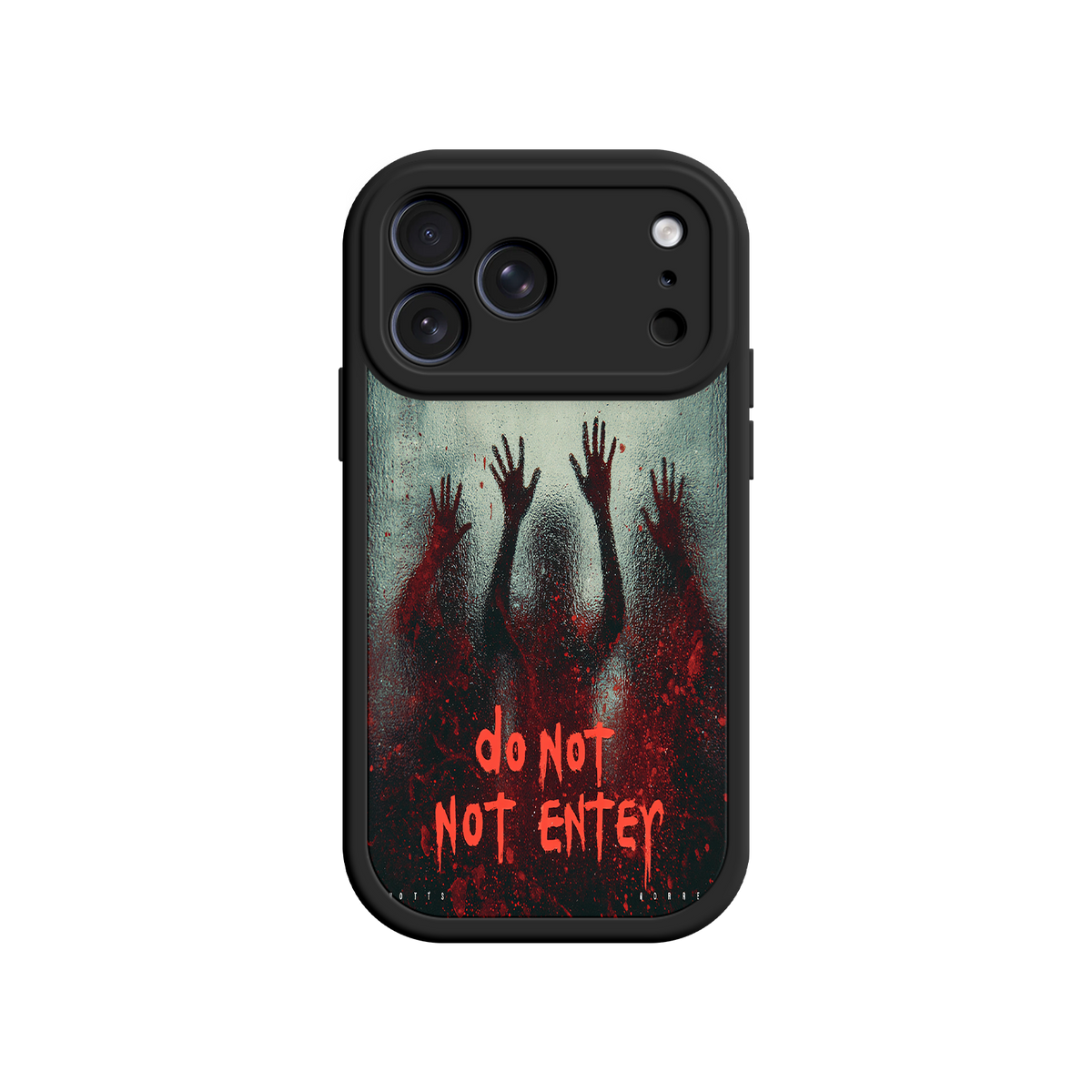Horror phone case with blood splatter and warning text