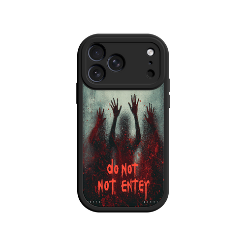 Horror phone case with blood splatter and warning text