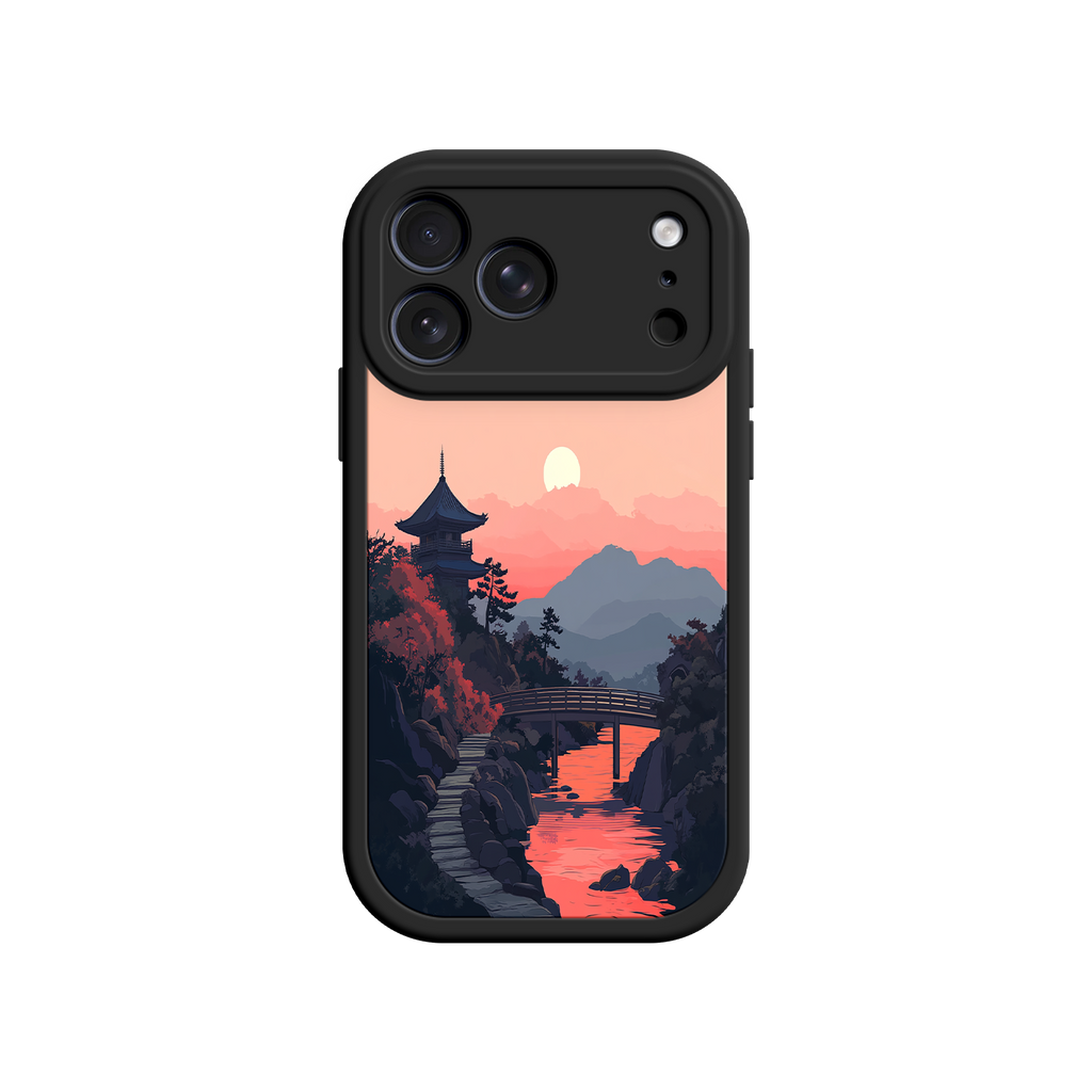 Japanese Sunset Landscape Phone Case – Scenic Pagoda Design for iPhone