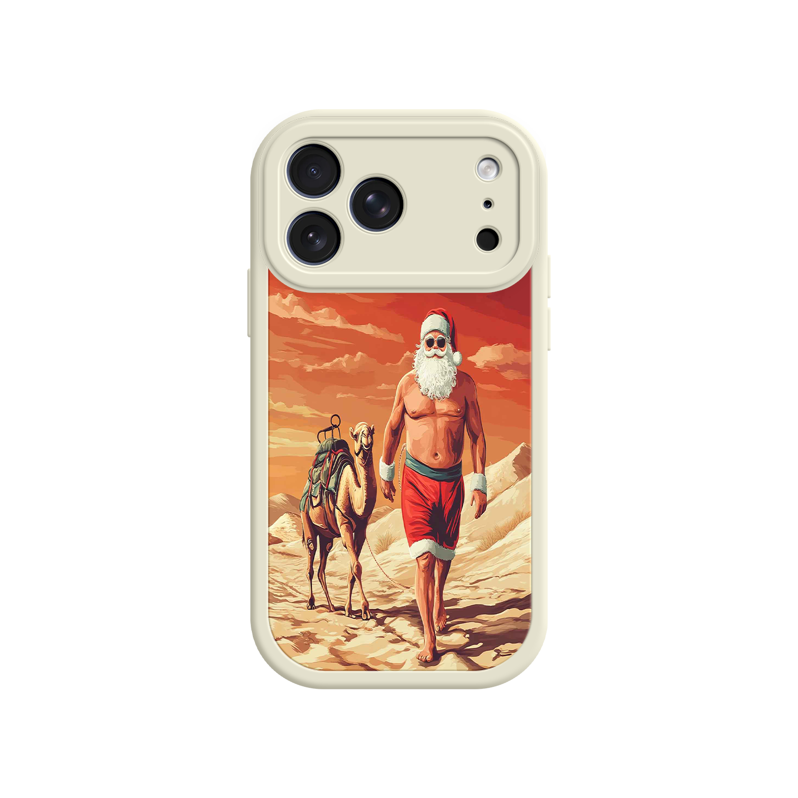 Desert Santa iPhone 17 Case – Funny Christmas Design, Muscular Santa & Camel, Holiday Heat Vibes