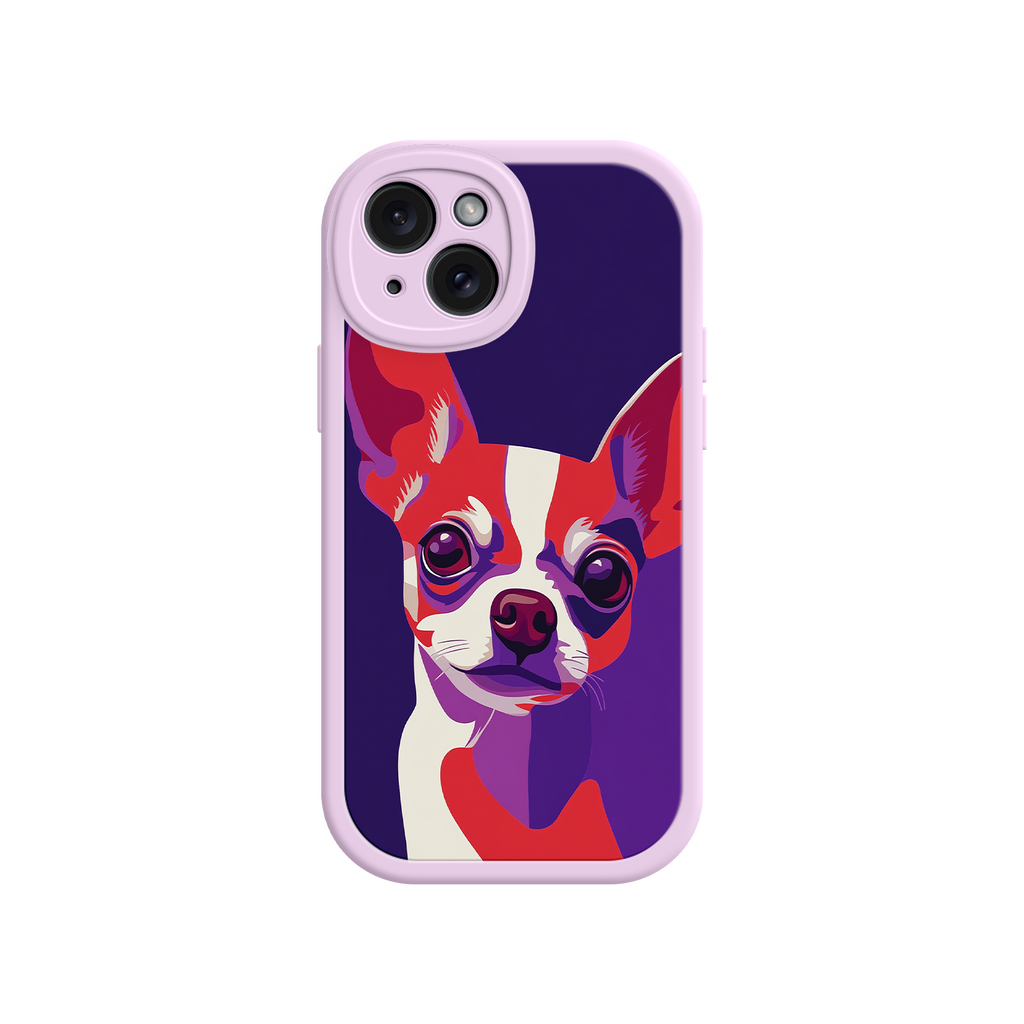 Phone case with a colorful dog illustration on a white background