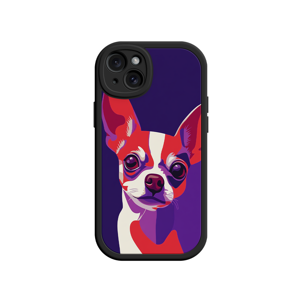 Phone case with a colorful dog illustration on a white background