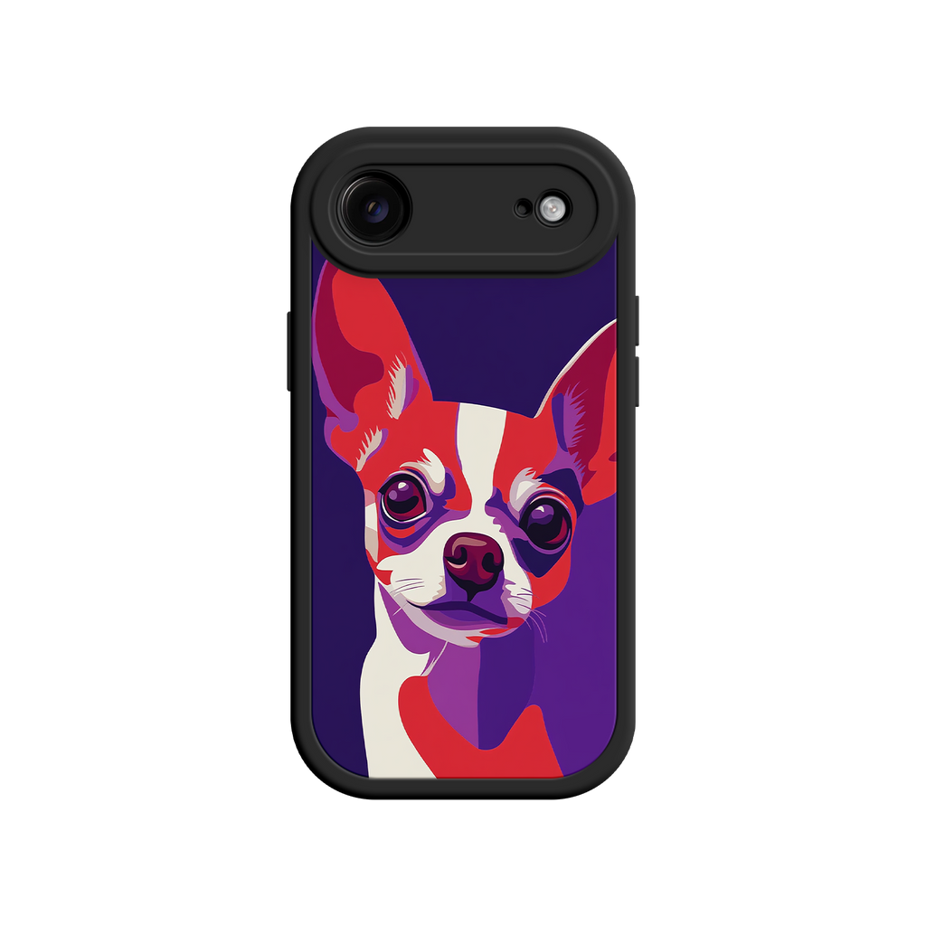 Phone case with a colorful dog illustration on a white background