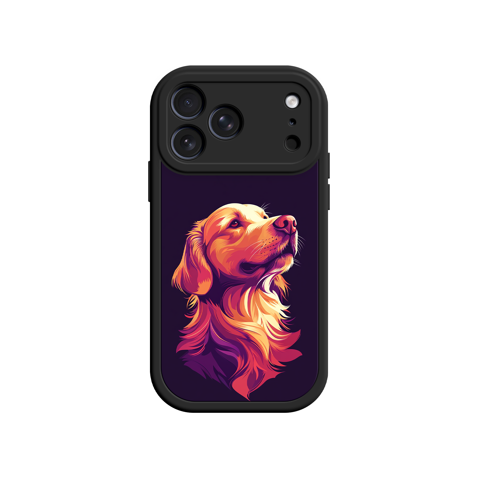 Artistic dog portrait phone cover in orange and purple