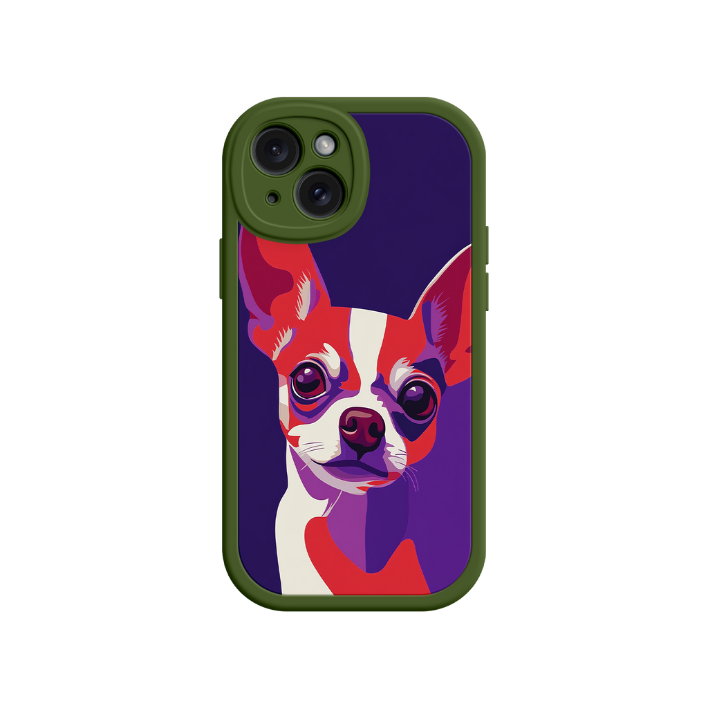 Phone case with a colorful dog illustration on a white background