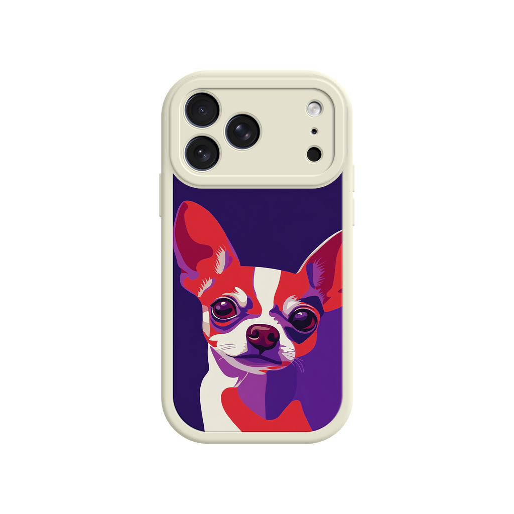 Phone case with a colorful dog illustration on a white background