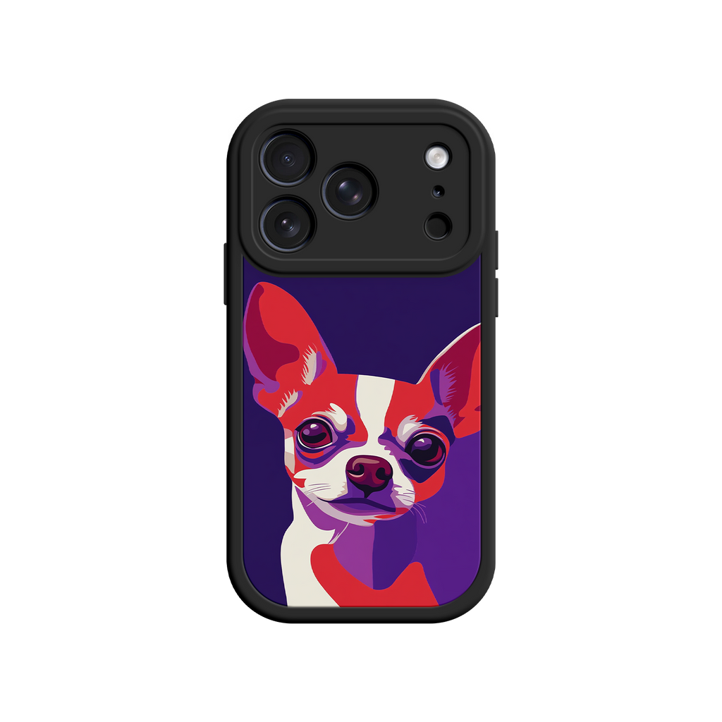 Phone case with a colorful dog illustration on a white background