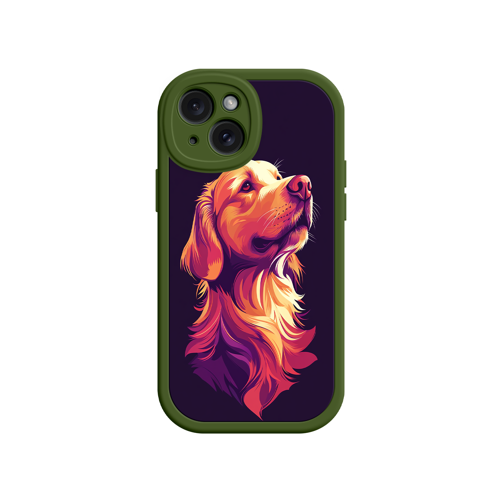 Stylized dog face phone case with purple background