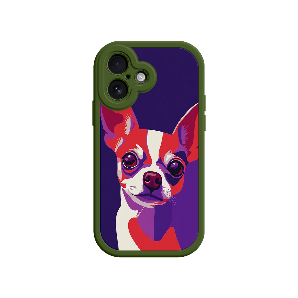 Phone case with a colorful dog illustration on a white background