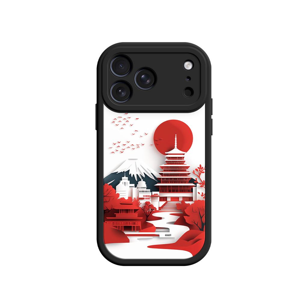  Japanese Paper-Cut Art Phone Case - Fuji Mountain & Red Pagoda - Pink Border - Compatible with iPhone