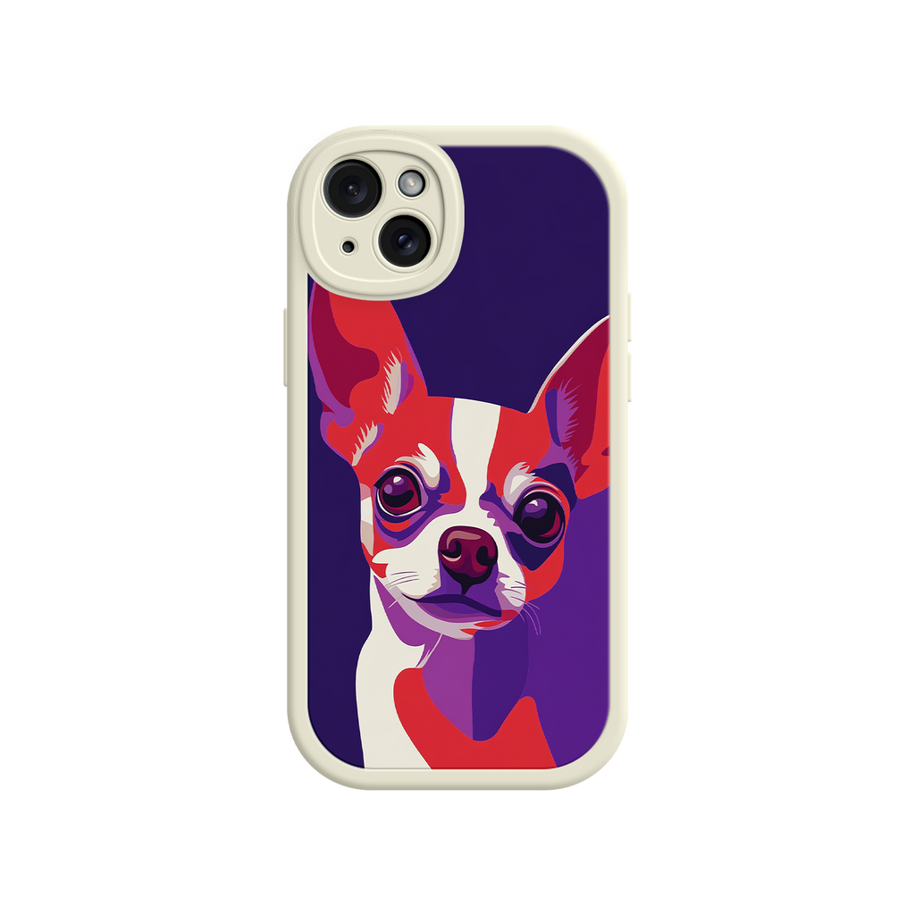 Phone case with a colorful dog illustration on a white background