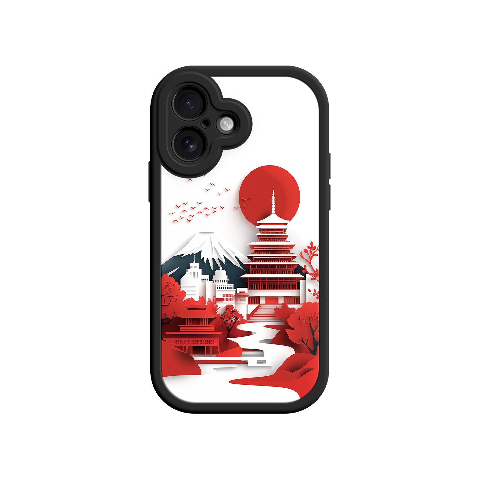 Red & White Japanese Landscape Phone Case - Pagoda, Fuji, River - Pink Border - iPhone