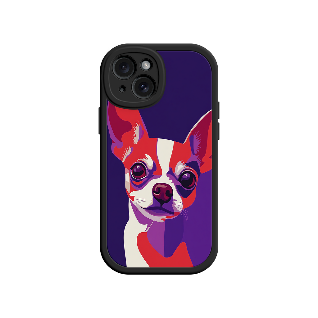 Phone case with a colorful dog illustration on a purple background