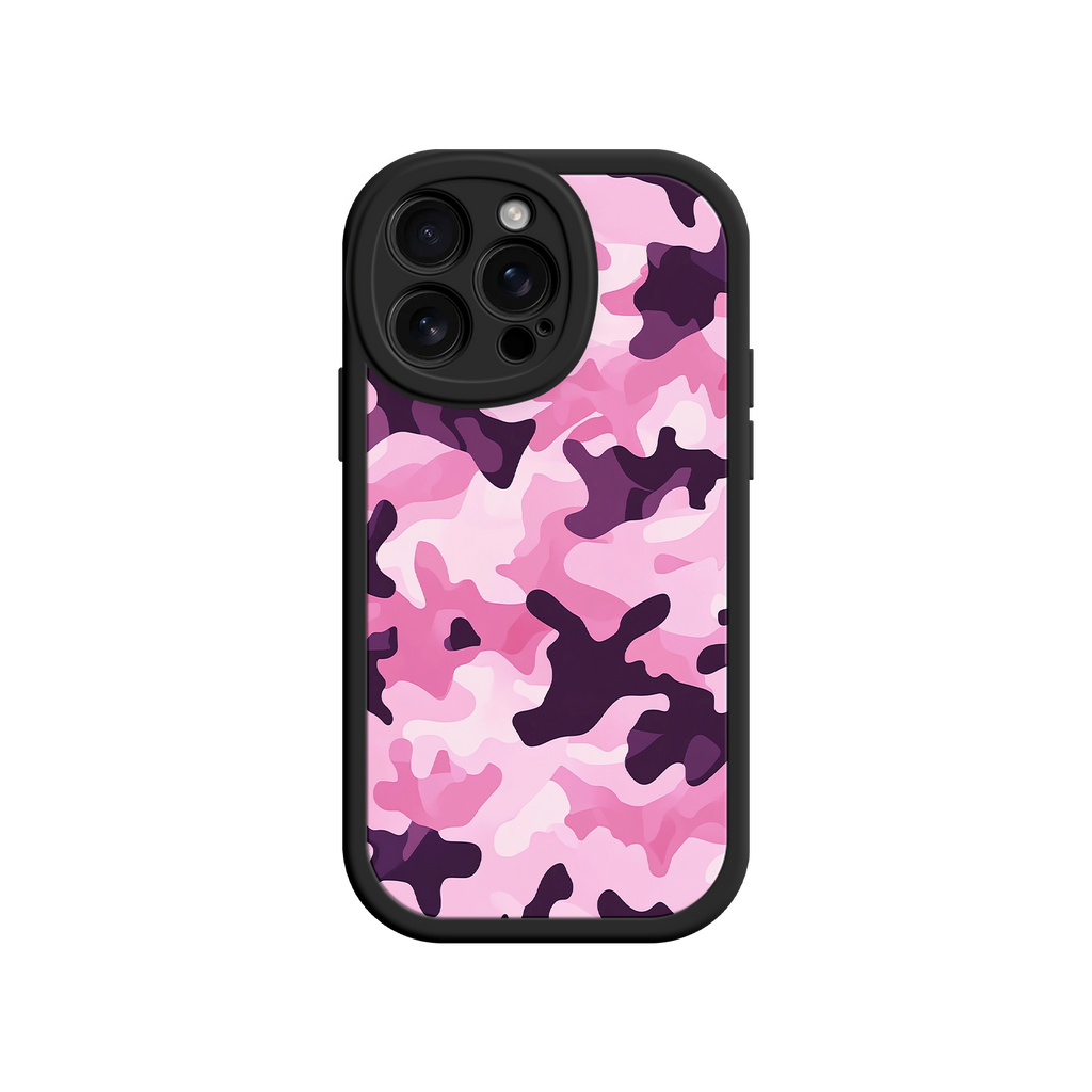 Phone case with pink and purple camouflage pattern on a white background