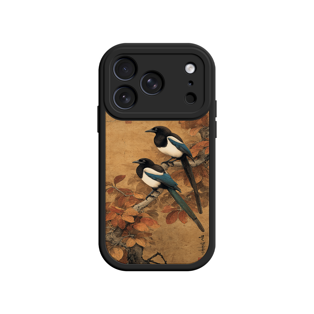 Autumn phone case with perched magpies and leaves