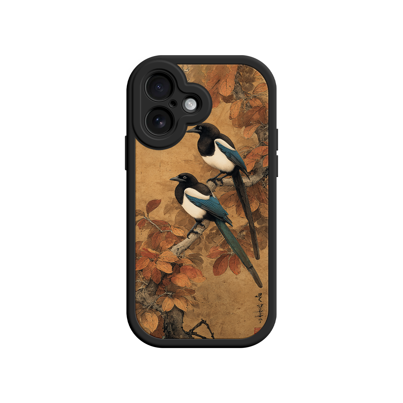 Magpie iPhone case with textured scroll background