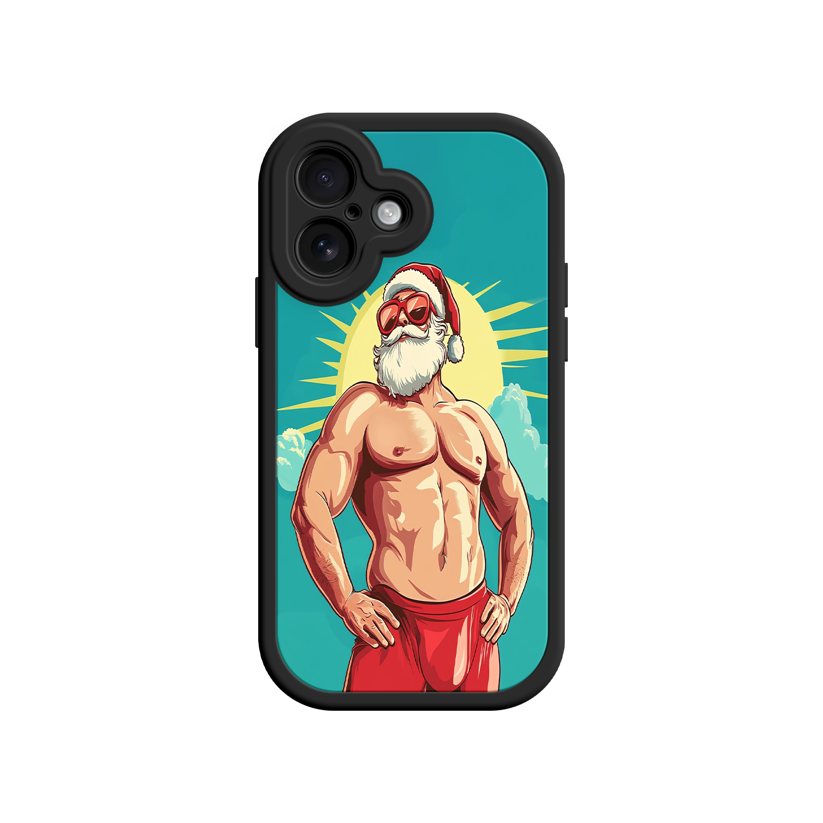 iPhone case with confident Santa and clouds
