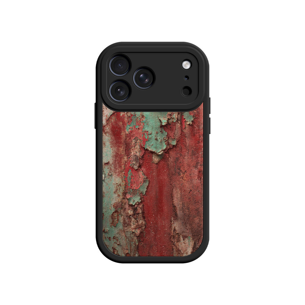 Grunge-style phone case with oxidized rust and cracked paint