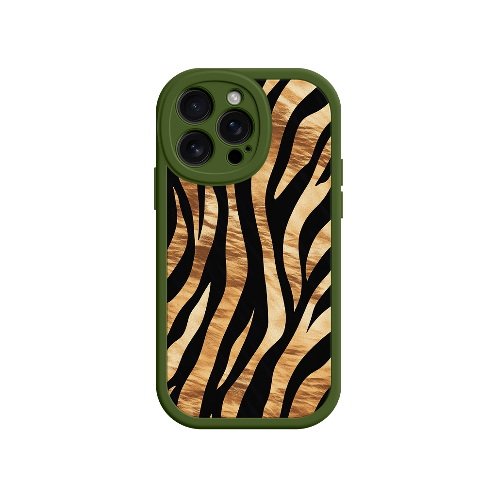 iPhone case with olive green border and tiger print