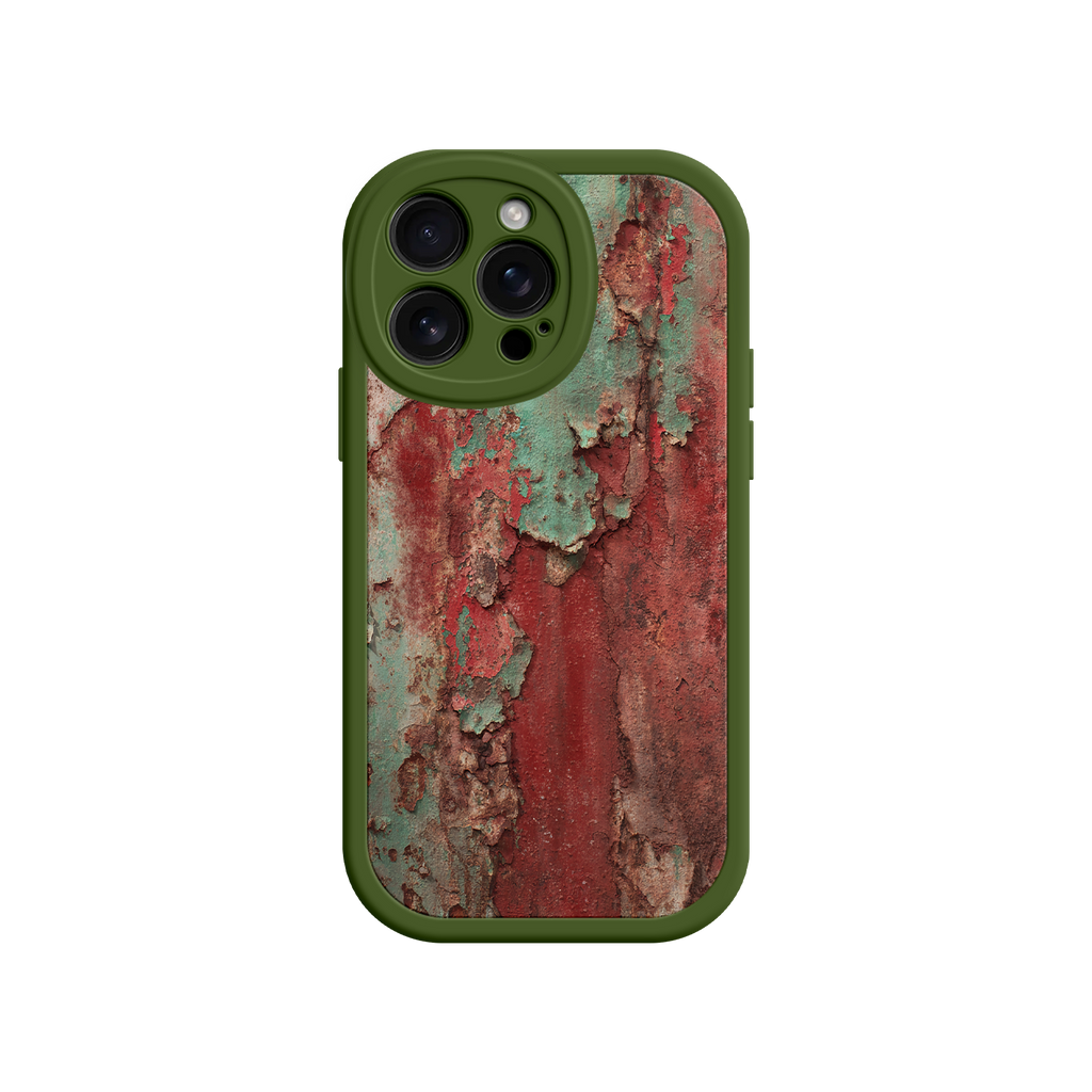 Grunge-style phone case with peeling paint and rust