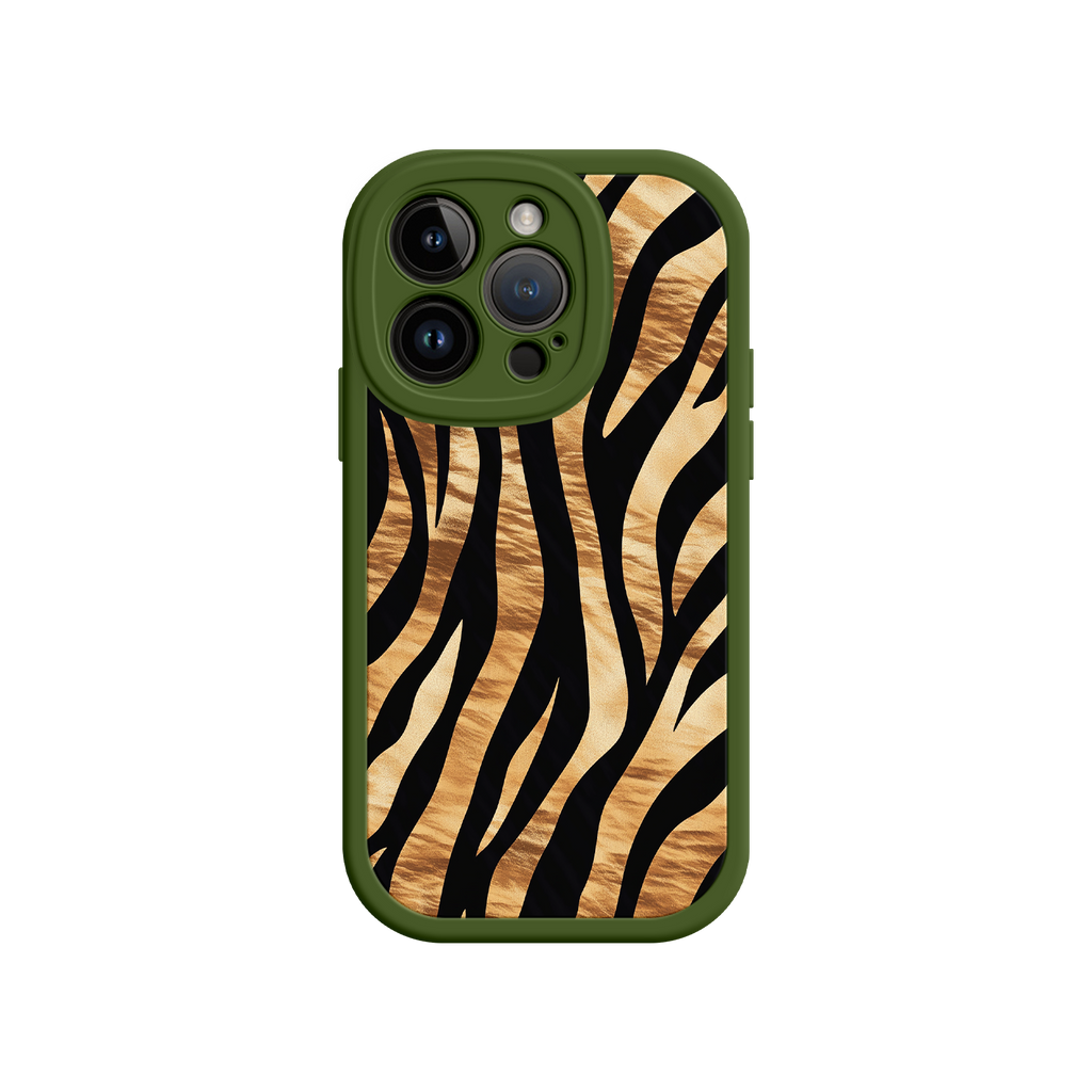 Tiger Stripe iPhone Case – Bold Animal Print with Olive Green Frame