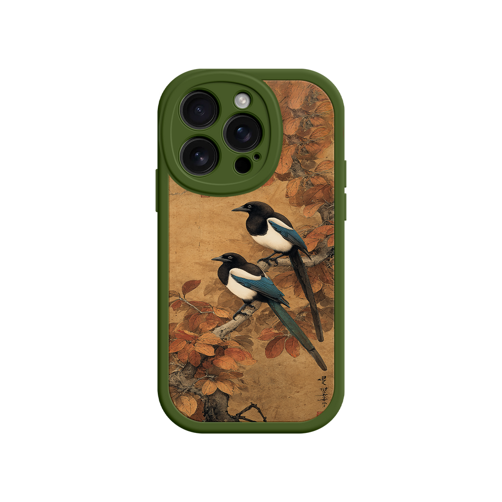 Traditional art phone case with magpies and leaves
