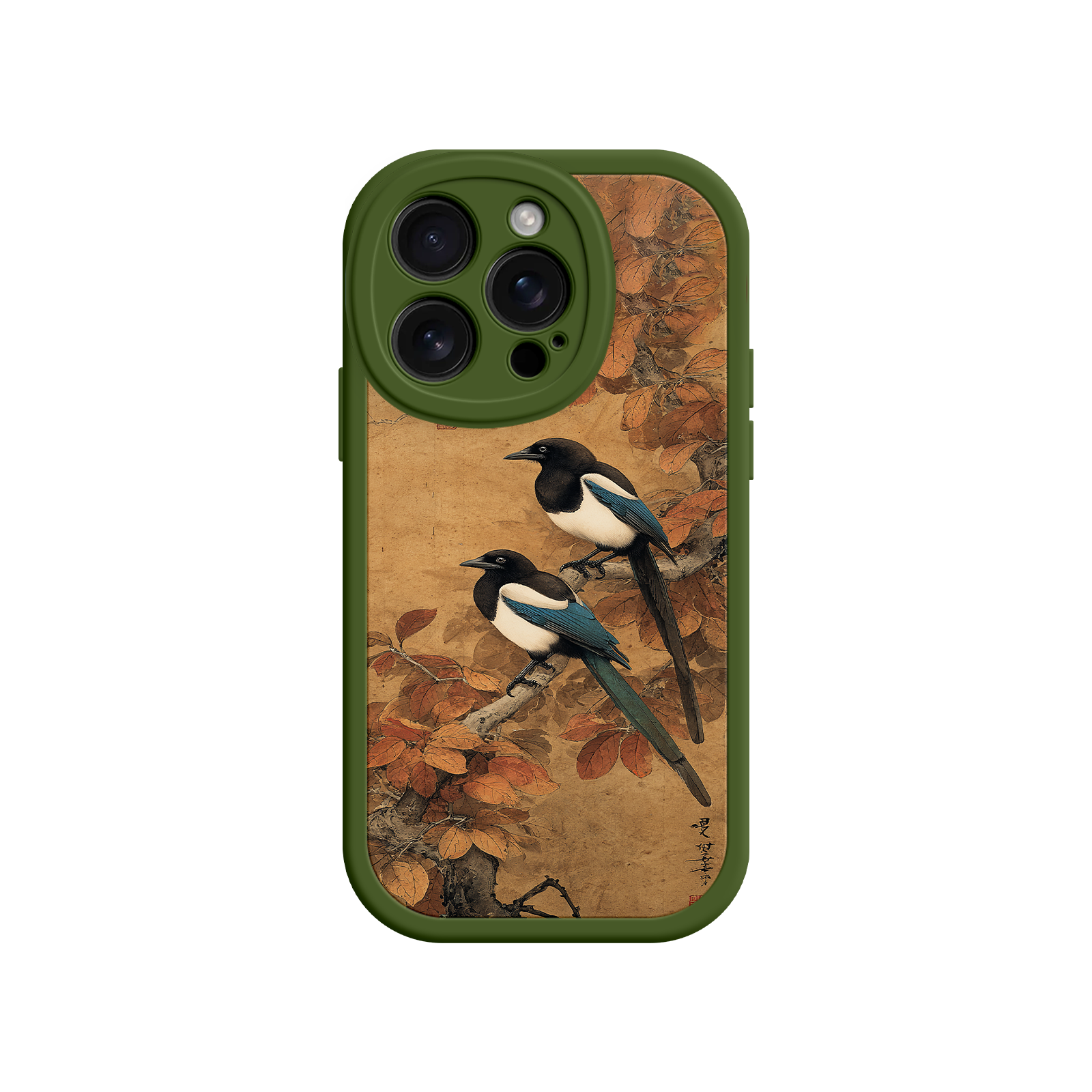 Traditional art phone case with magpies and leaves