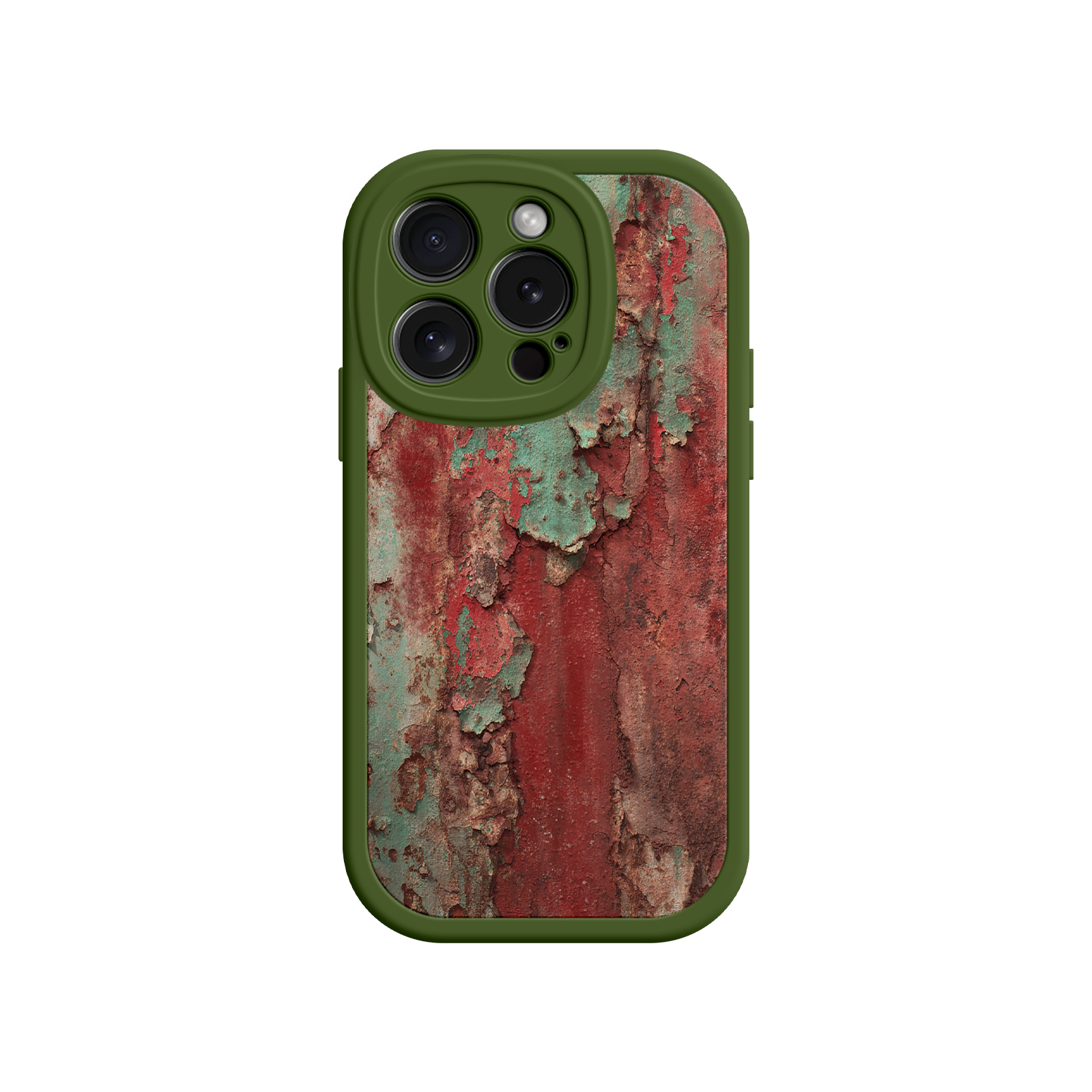 Urban-style phone case with weathered metal artwork