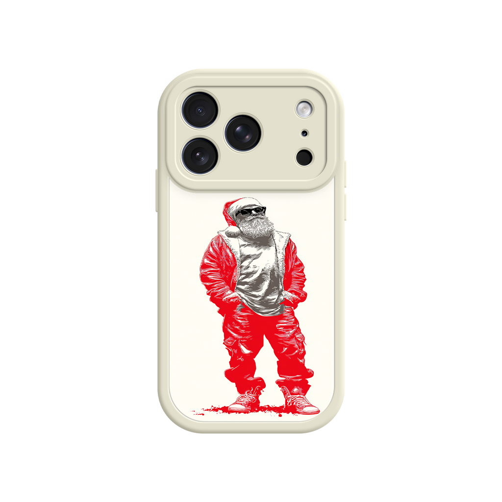 Phone case with a graphic of a person in a red and white outfit on a beige background