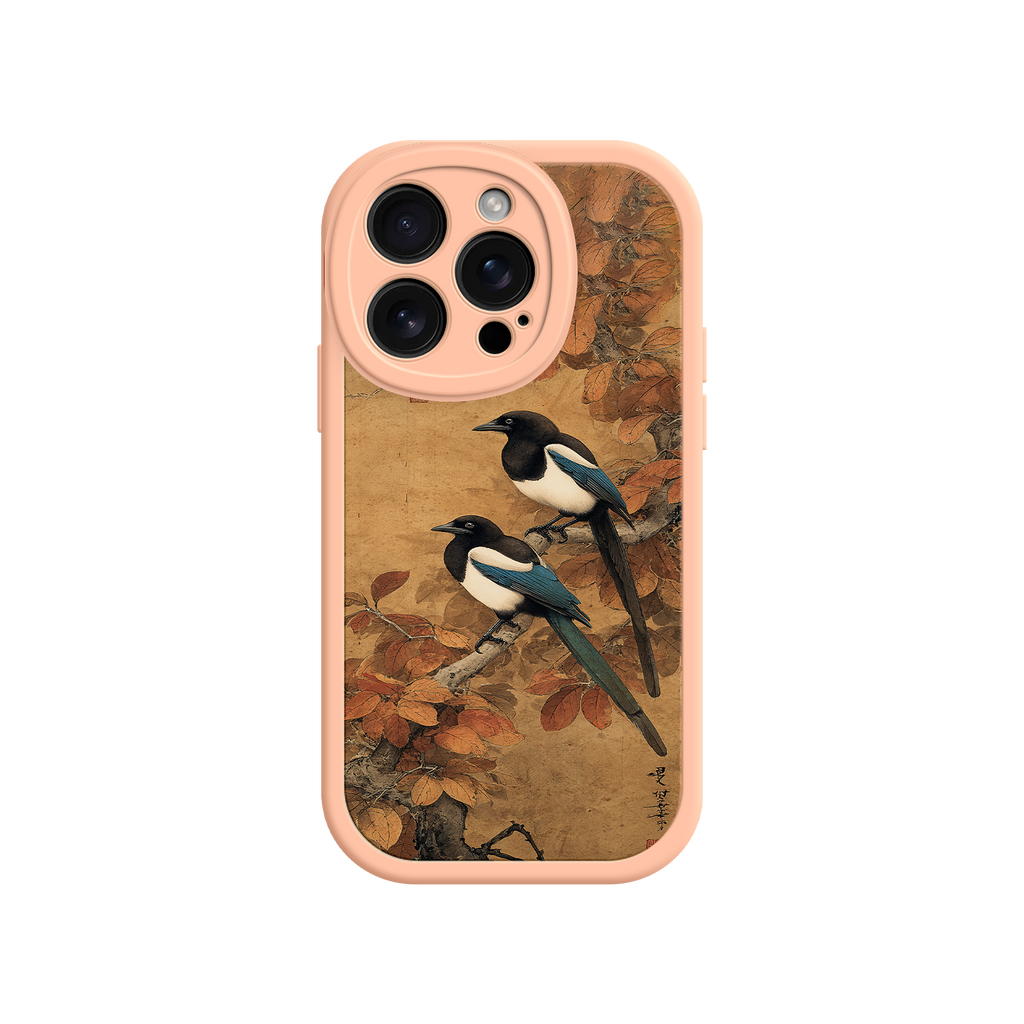 Artistic nature phone case with magpies and foliage