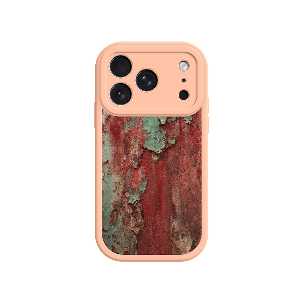 Industrial-style iPhone case with weathered metal surface