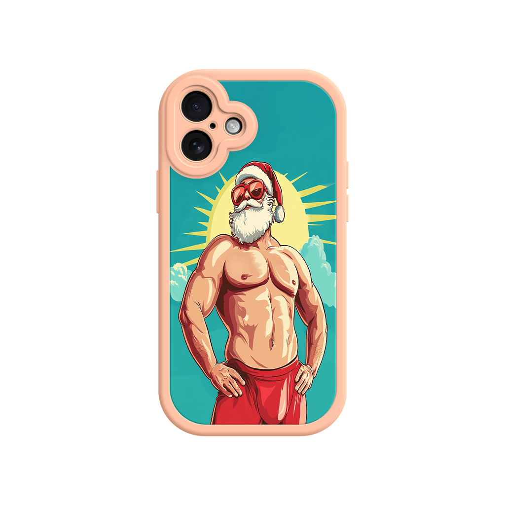 Cartoon-style phone case with festive muscle Santa