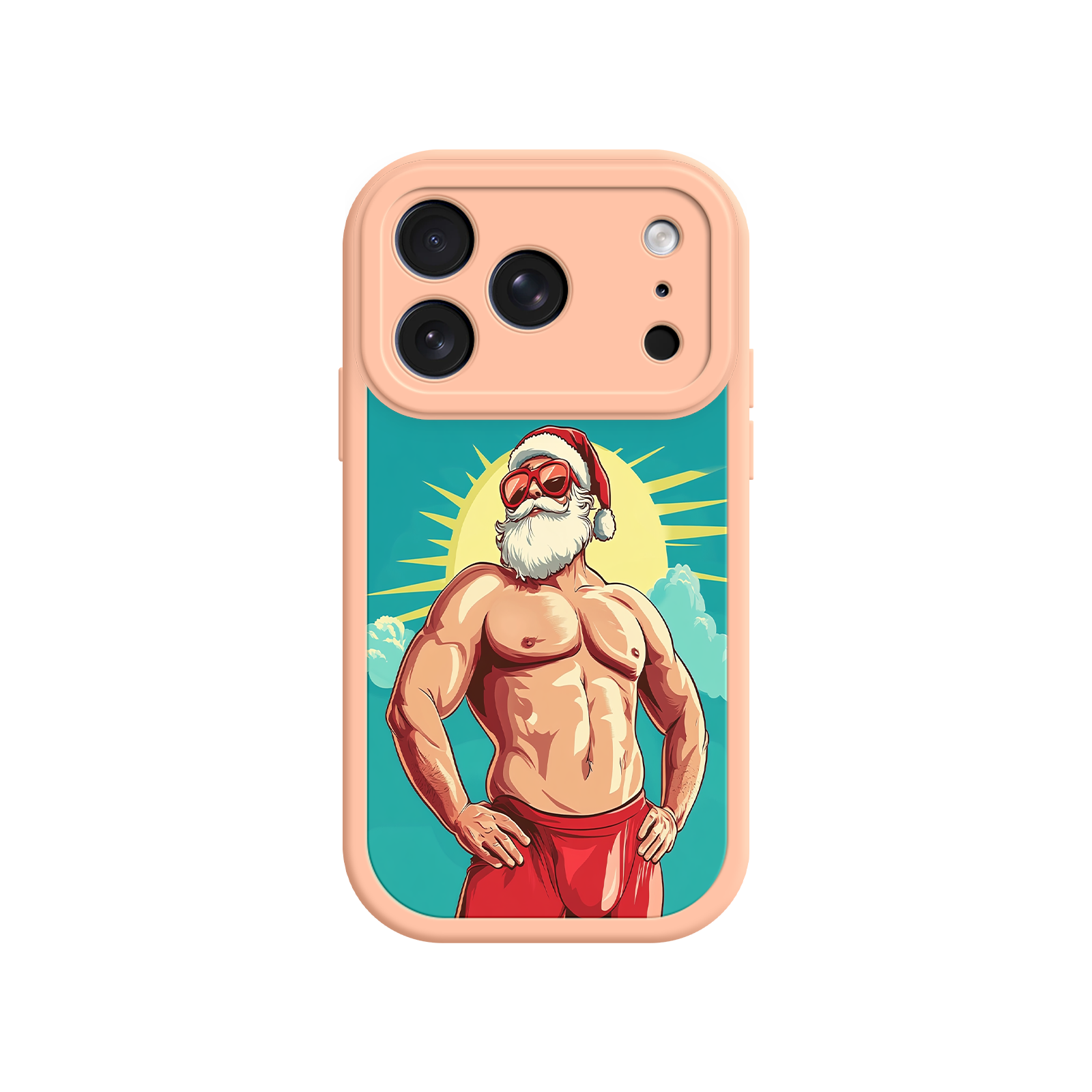 Cartoon-style phone case with muscular Santa Claus