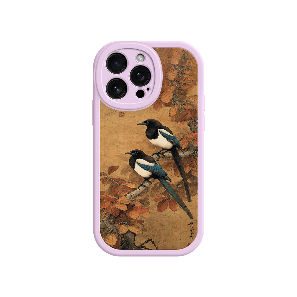Nature-themed phone case with perched magpies