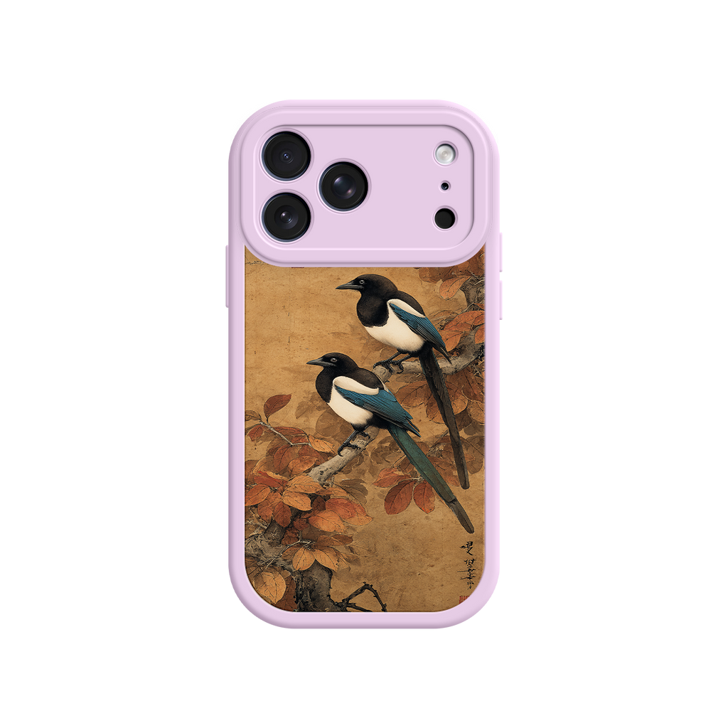 Nature-inspired phone case with autumn leaves and birds